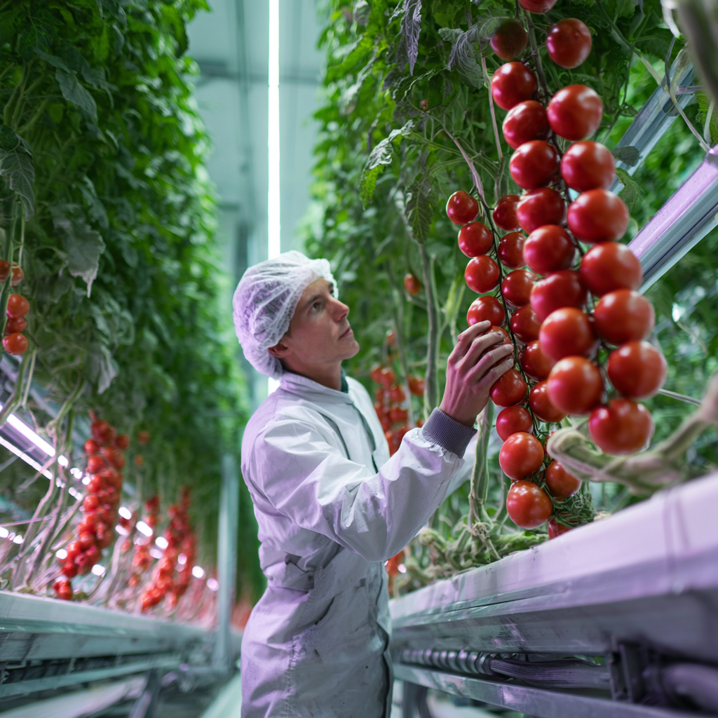 Farm worker inside a modern indoor farm