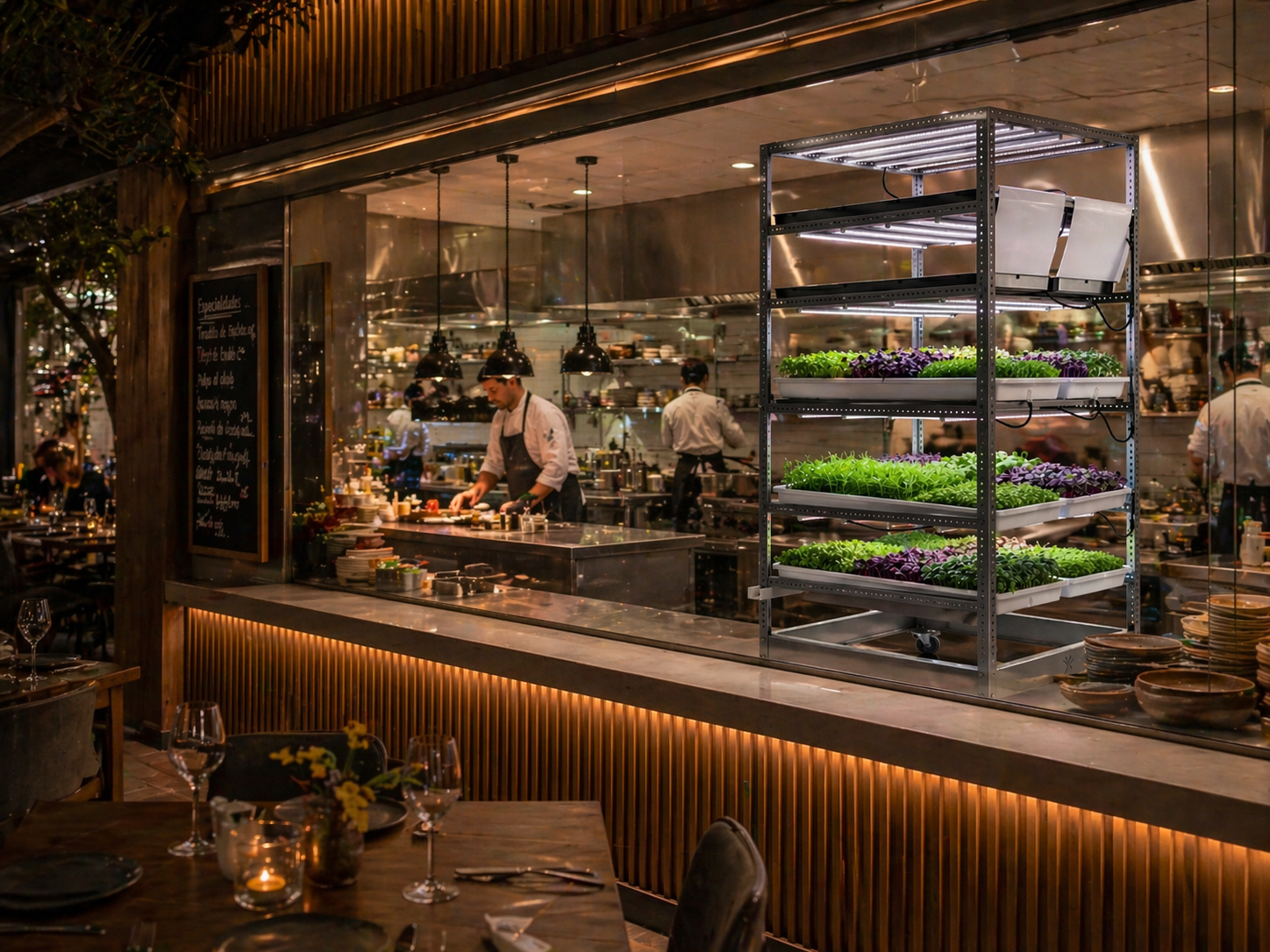 Restaurant with Biogrow microgreen growing rack visible in open kitchen