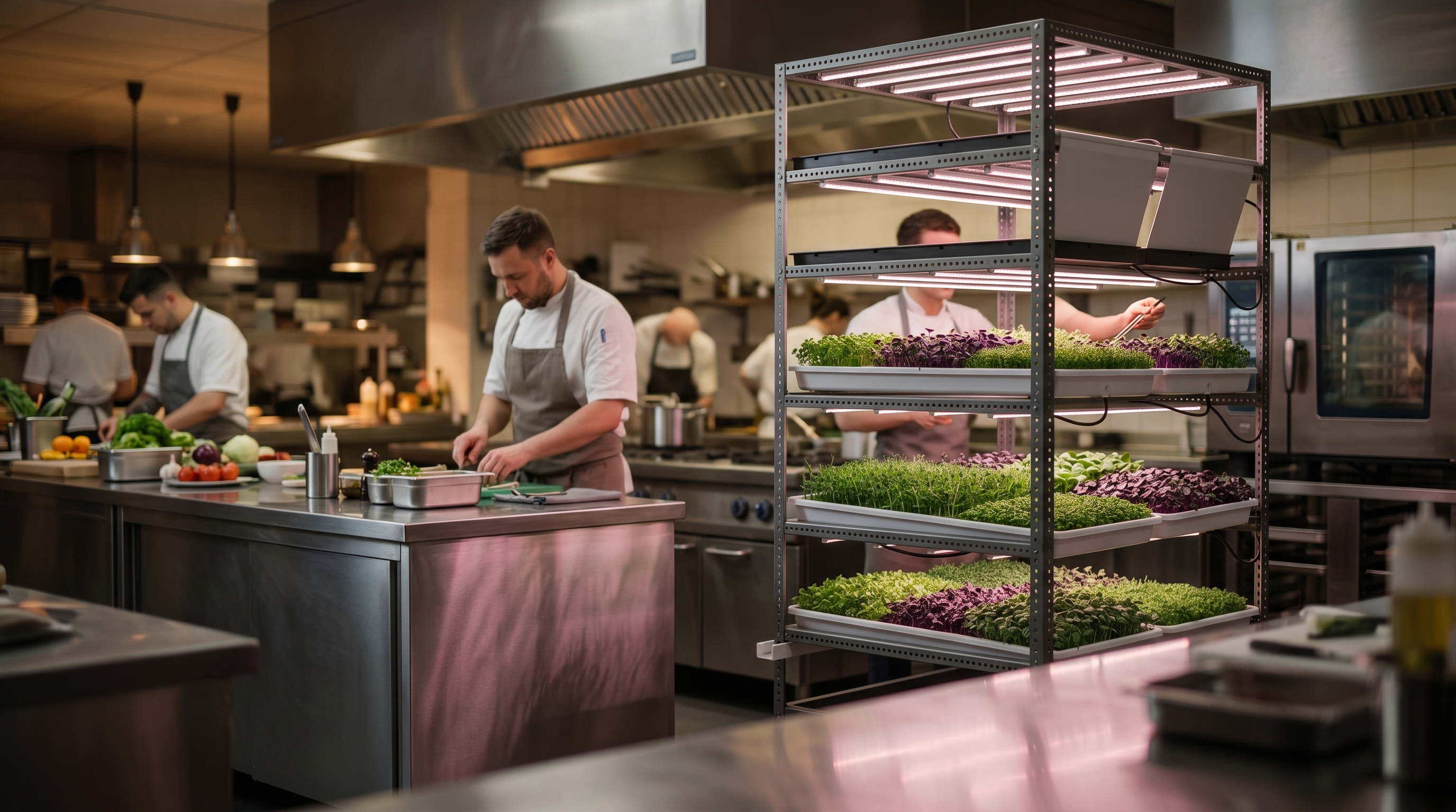 Professional kitchen with Biogrow microgreen growing rack and chefs